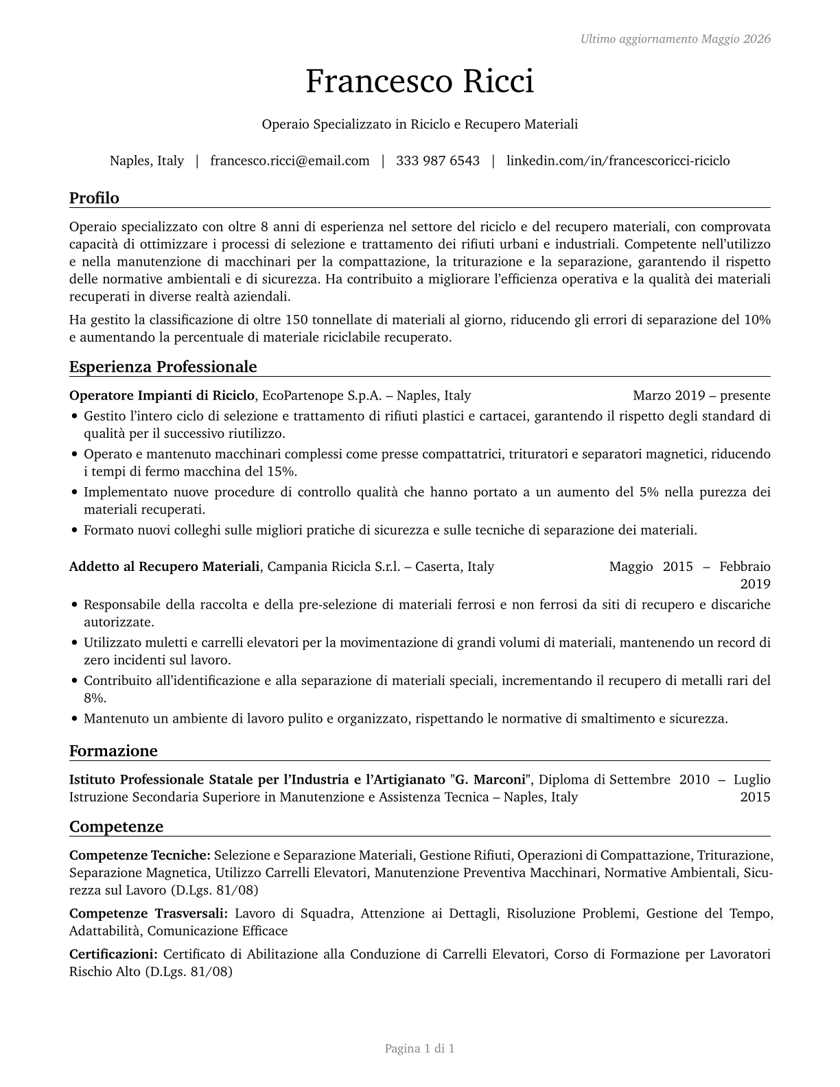 Recycling and Reclamation Workers CV in Italian — page 1