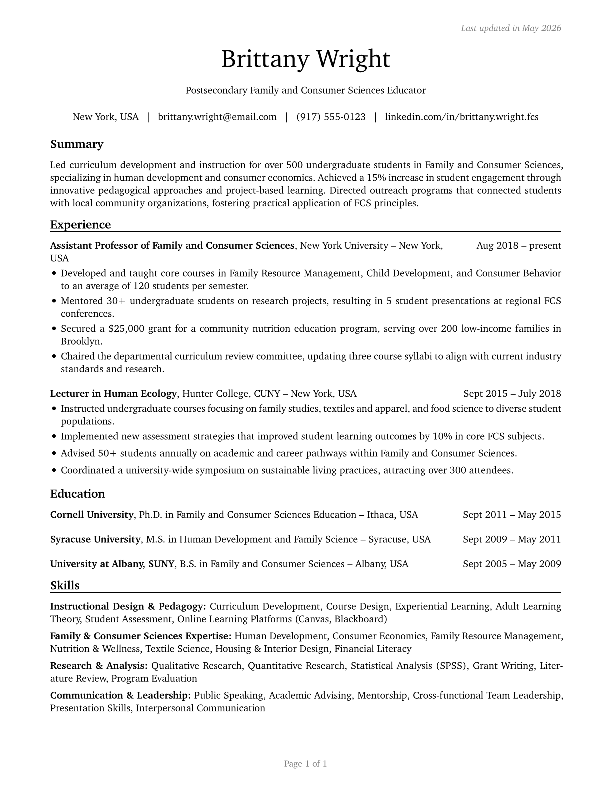 Family and Consumer Sciences Teachers, Postsecondary CV in English — page 1