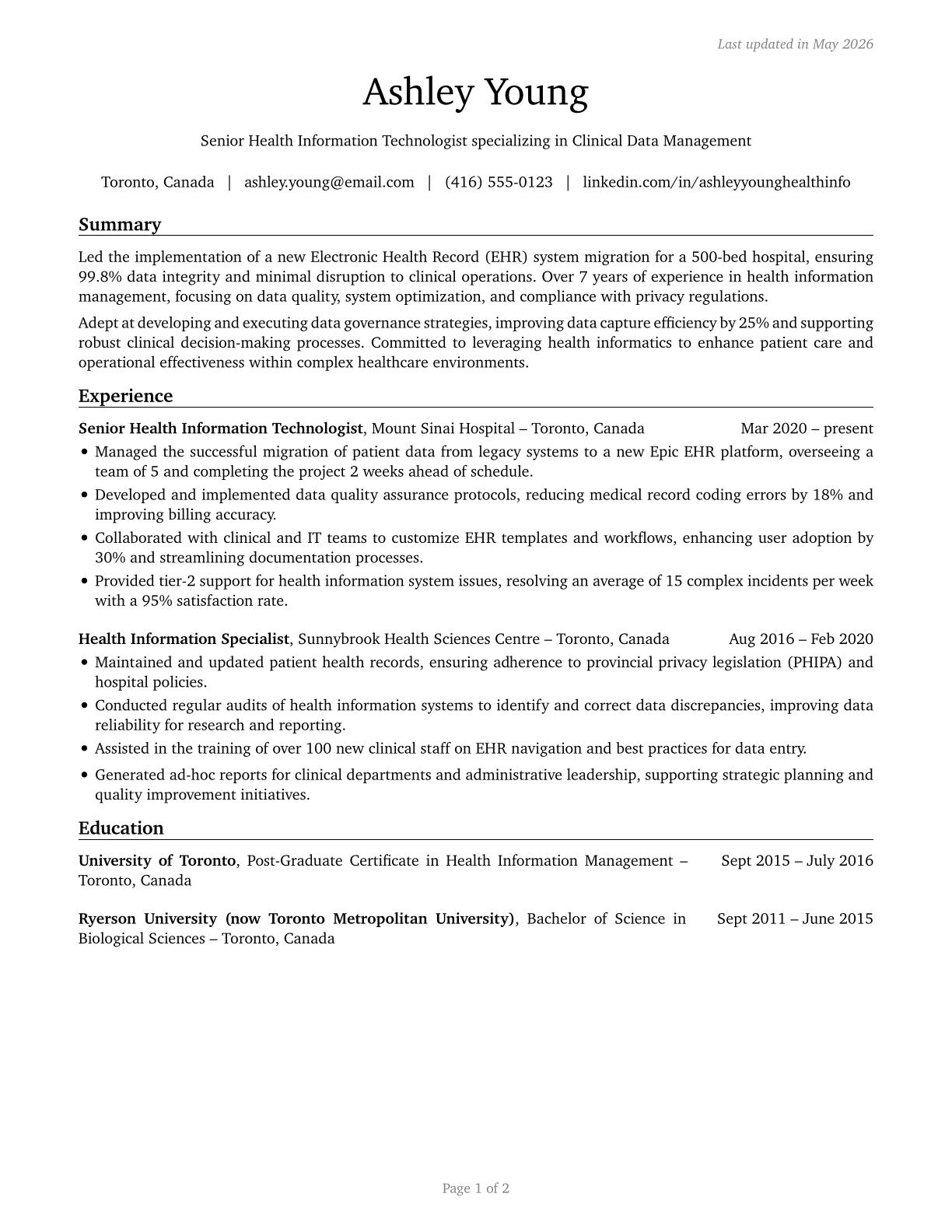 Health Information Technologists and Medical Registrars CV in English — page 1