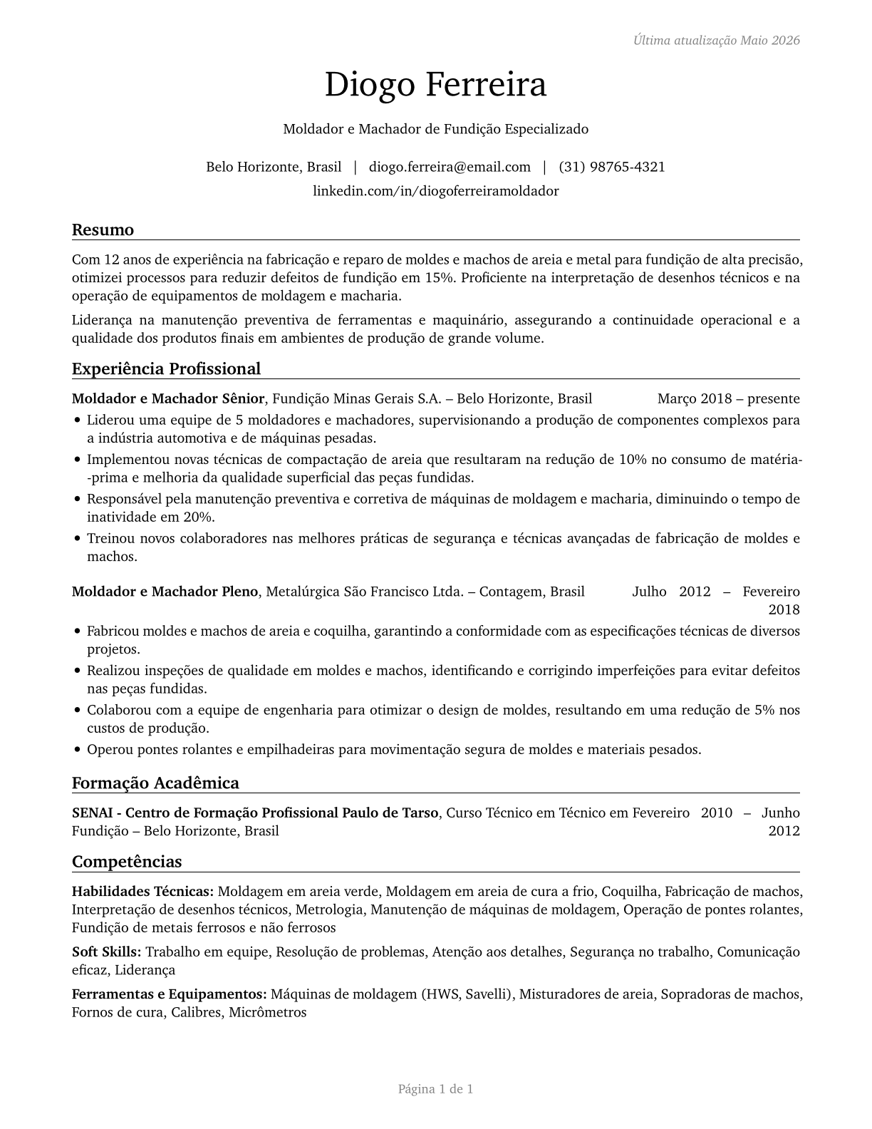 Foundry Mold and Coremakers CV in Portuguese — page 1