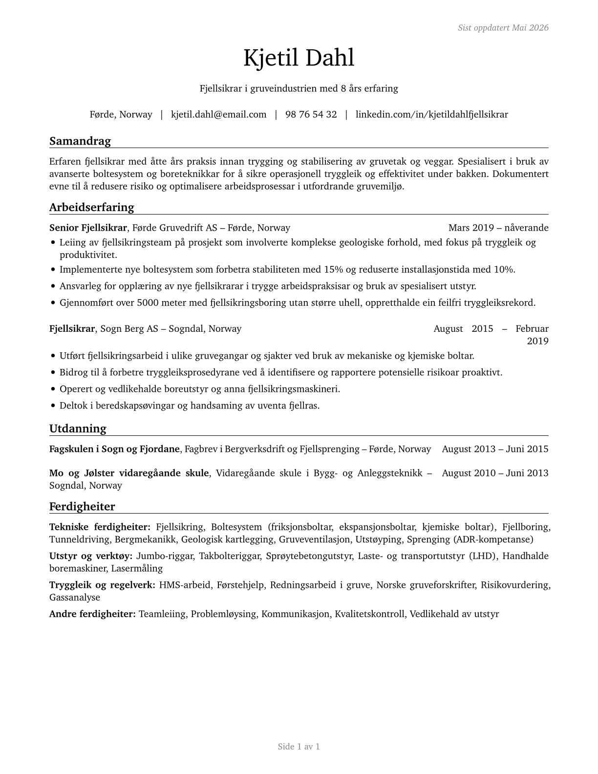 Roof Bolters, Mining CV in Norwegian_nynorsk — page 1