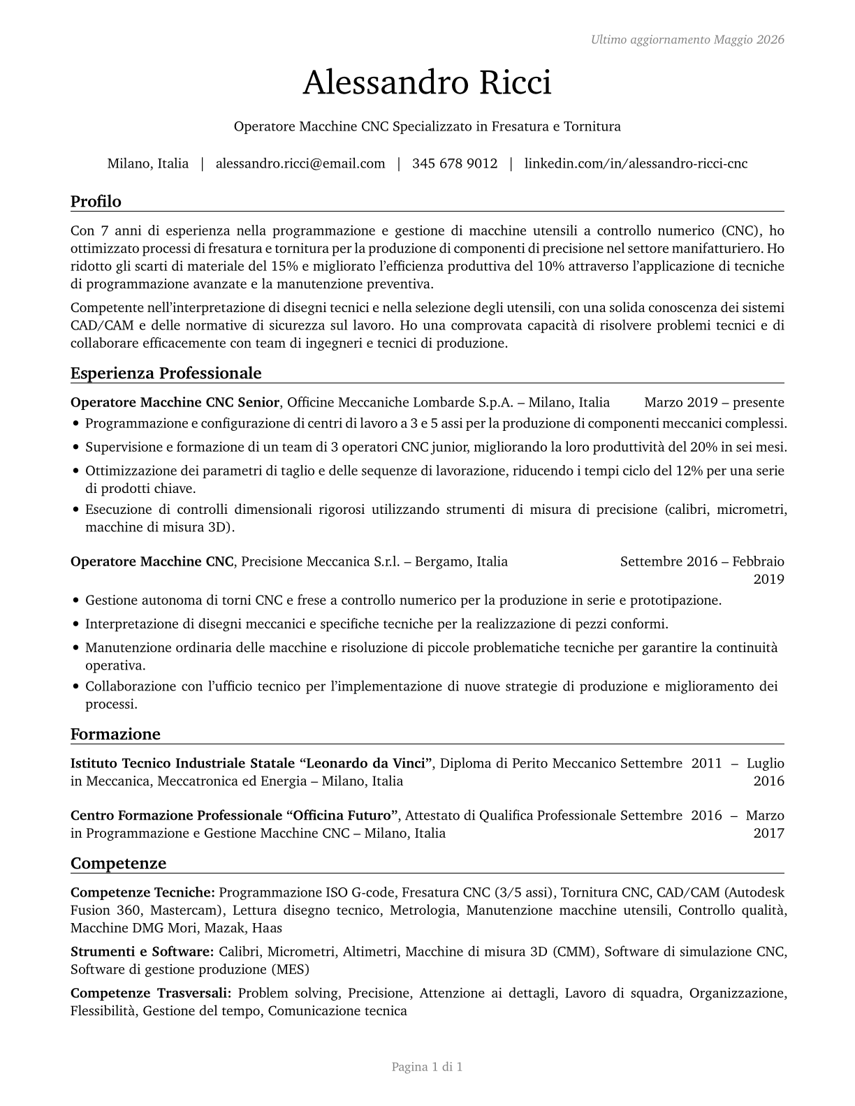 Computer Numerically Controlled Tool Operators CV in Italian — page 1