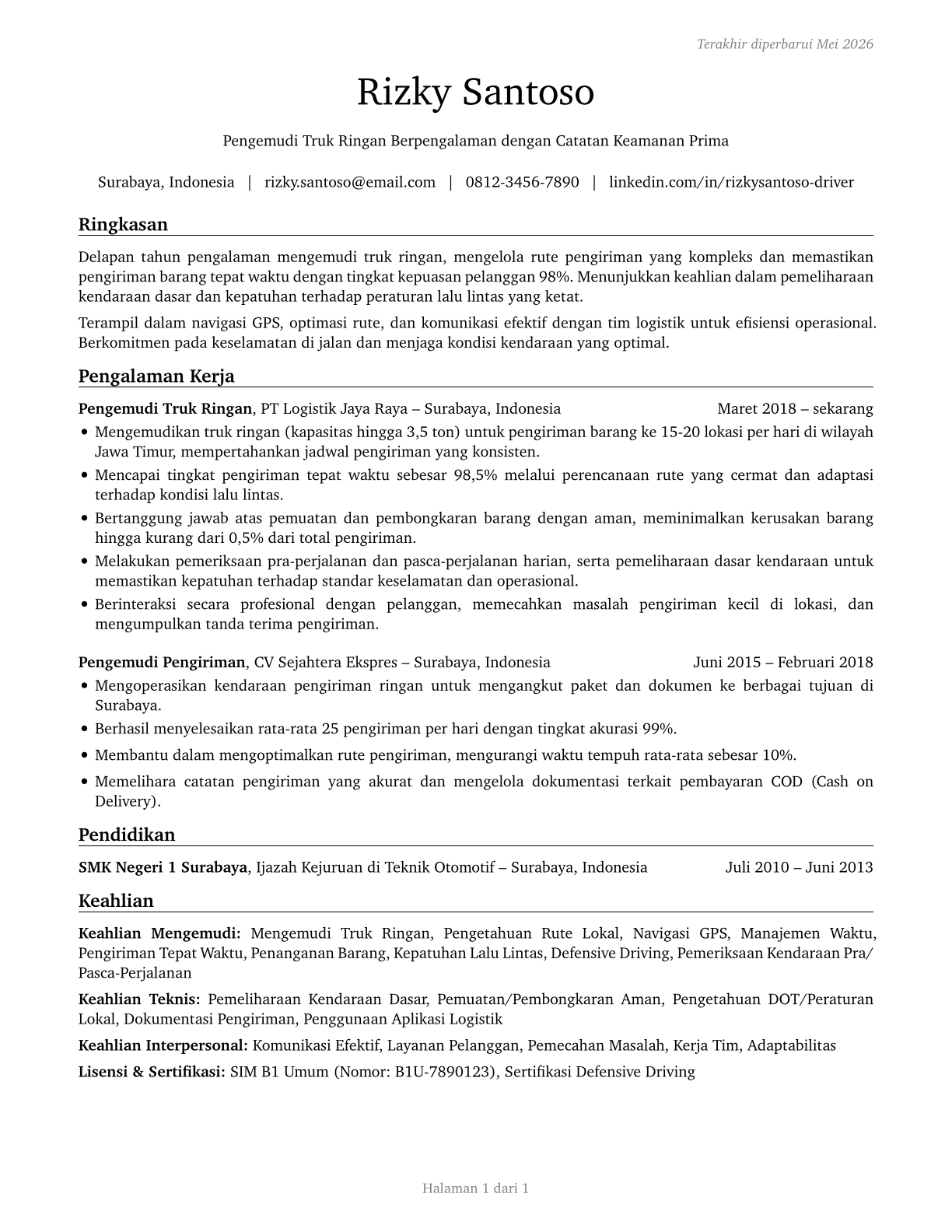 Light Truck Drivers CV in Indonesian — page 1