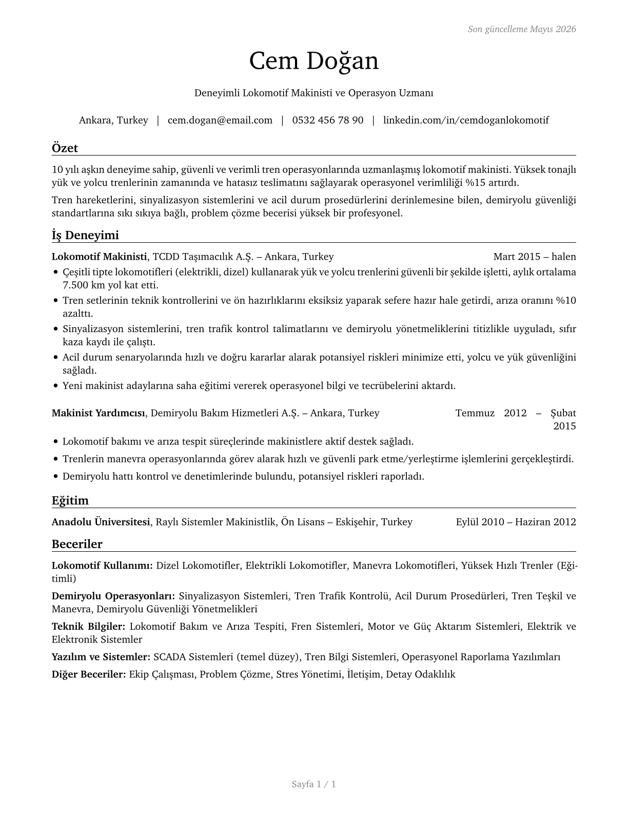 Locomotive Engineers CV in Turkish — page 1