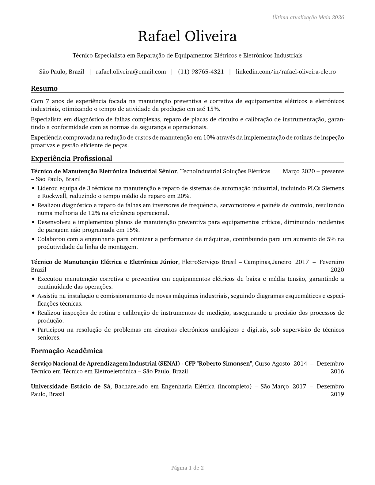 Electrical and Electronics Repairers, Commercial and Industrial Equipment CV in Portuguese — page 1