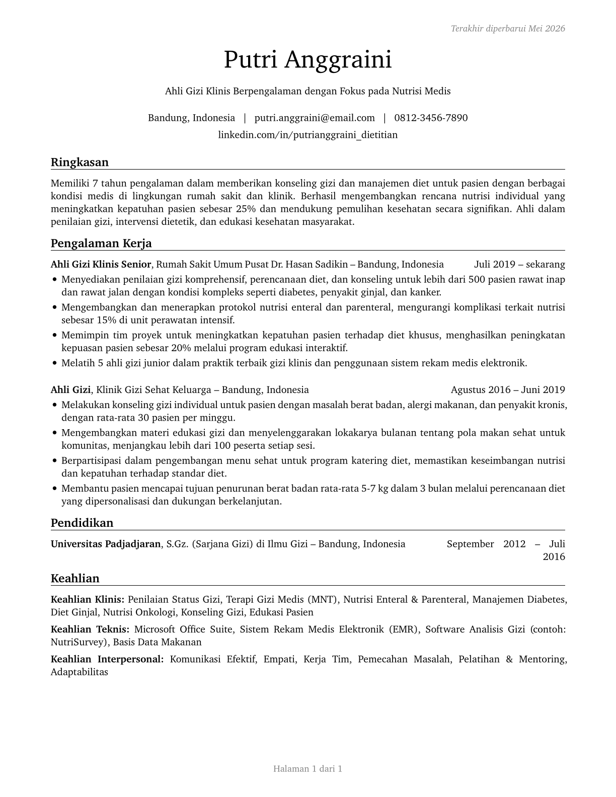 Dietitians and Nutritionists CV in Indonesian — page 1