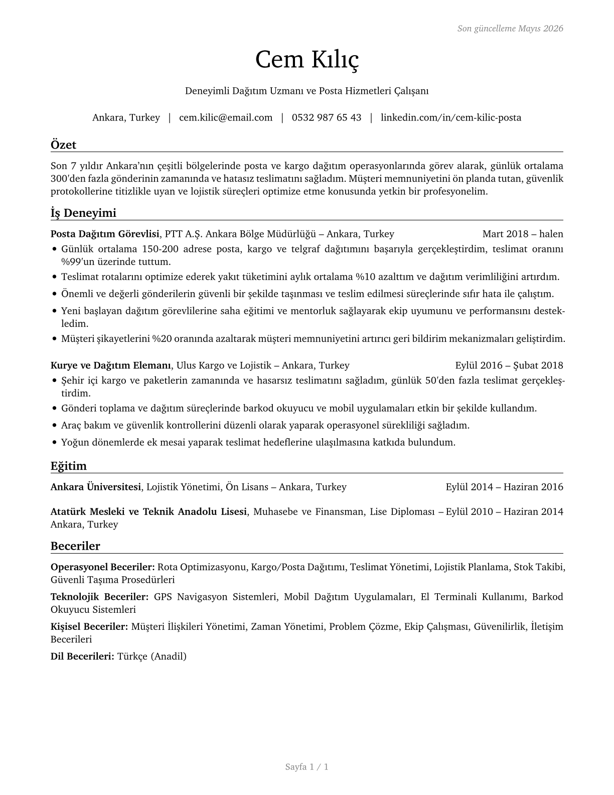 Postal Service Mail Carriers CV in Turkish — page 1