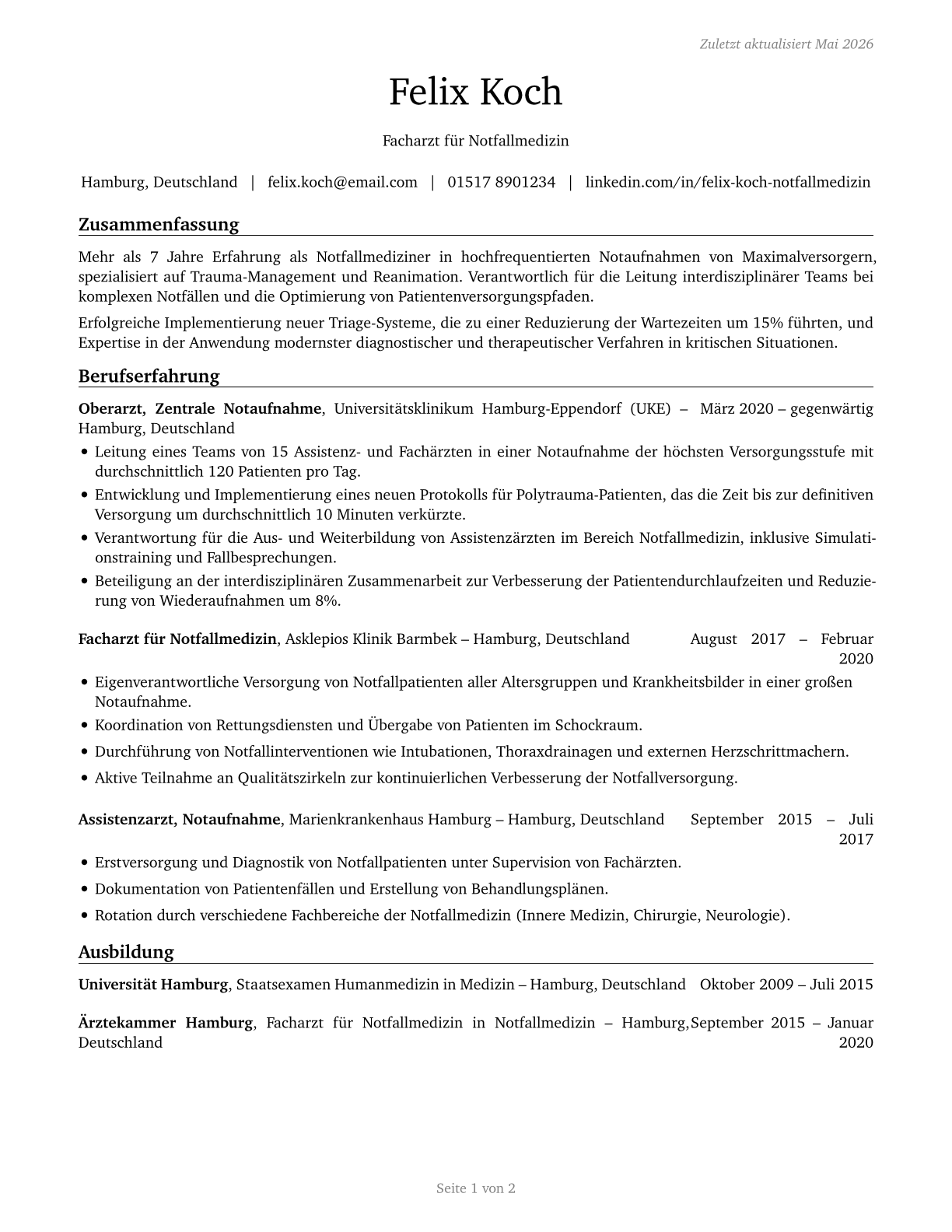Emergency Medicine Physicians CV in German — page 1