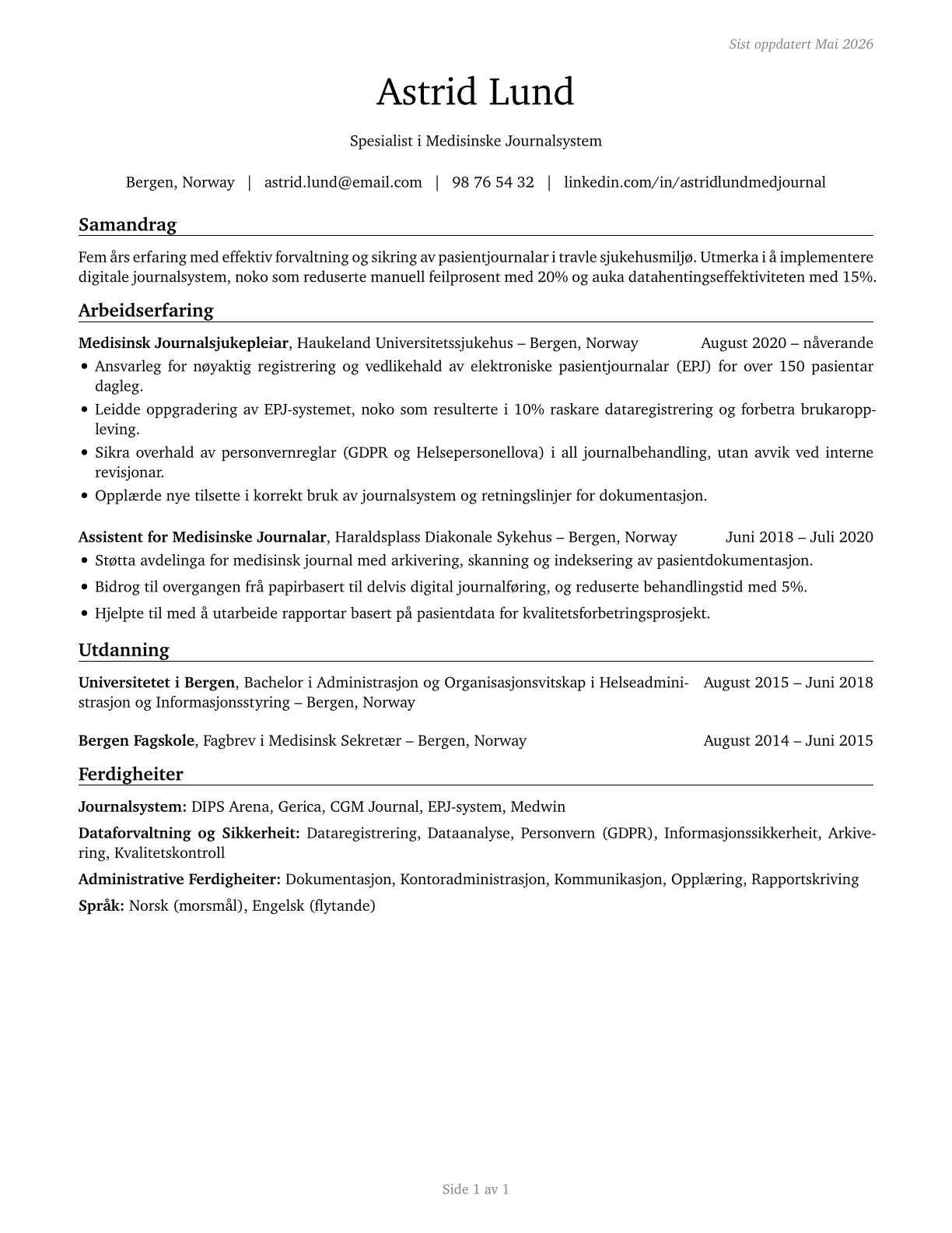 Medical Records Specialists CV in Norwegian_nynorsk — page 1