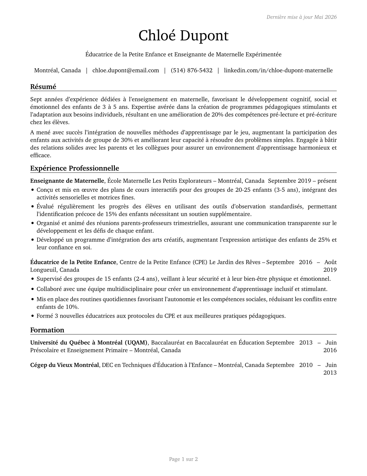 Kindergarten Teachers, Except Special Education CV in French — page 1