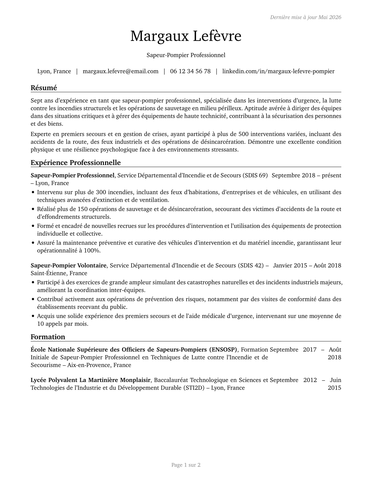 Firefighters CV in French — page 1