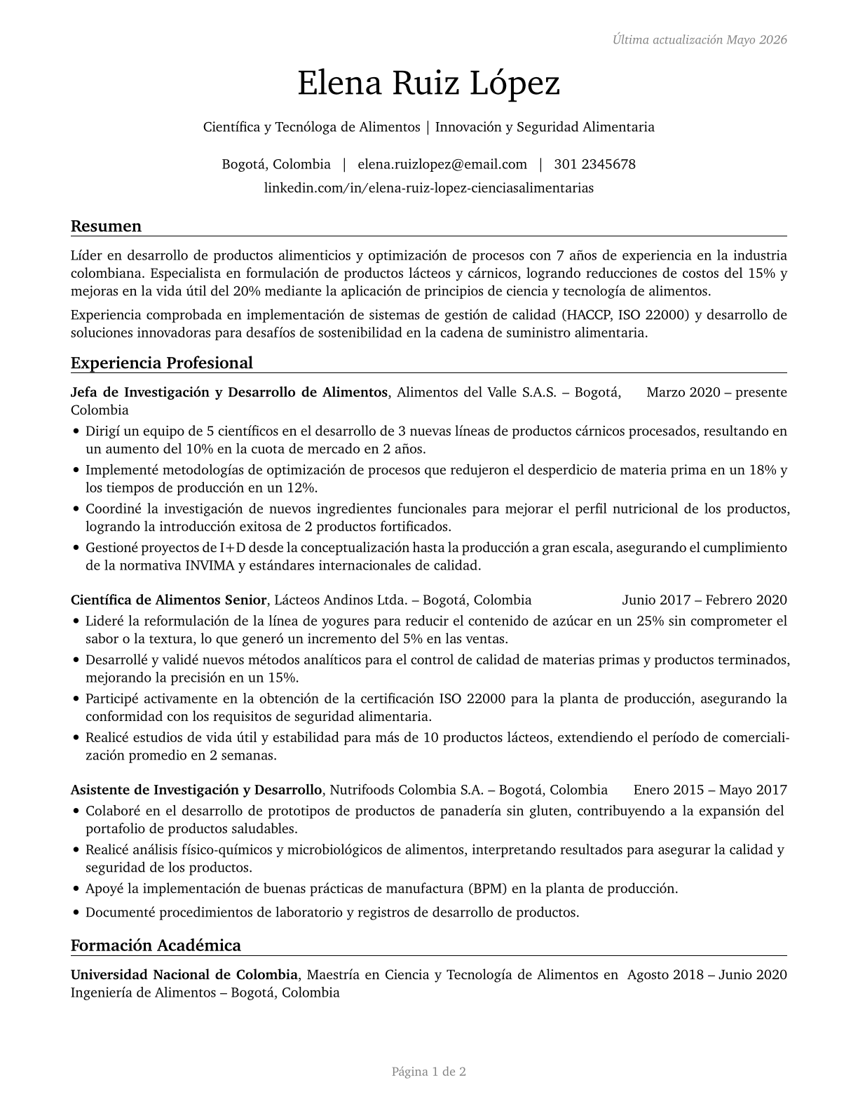 Food Scientists and Technologists CV in Spanish — page 1