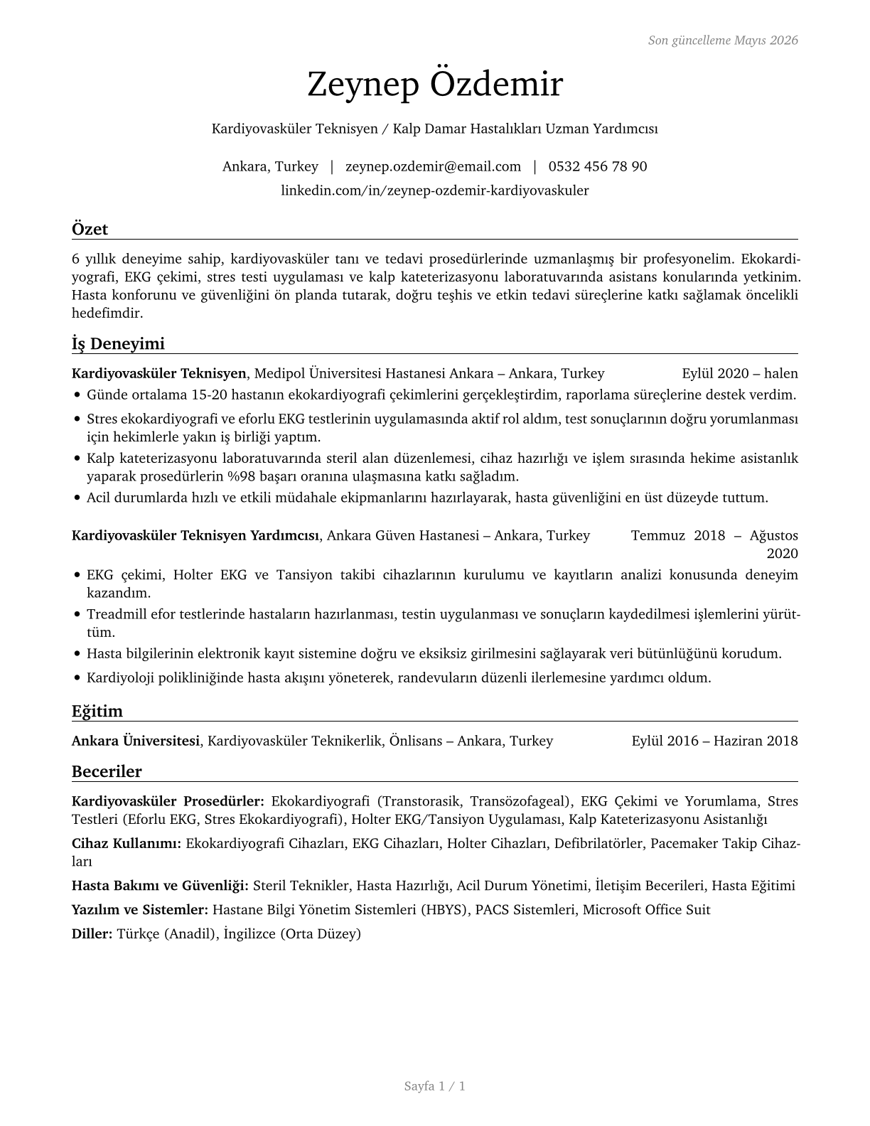 Cardiovascular Technologists and Technicians CV in Turkish — page 1