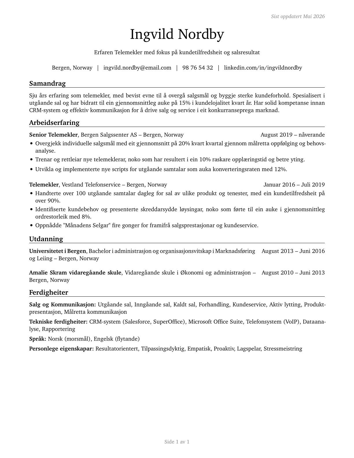 Telemarketers CV in Norwegian_nynorsk — page 1
