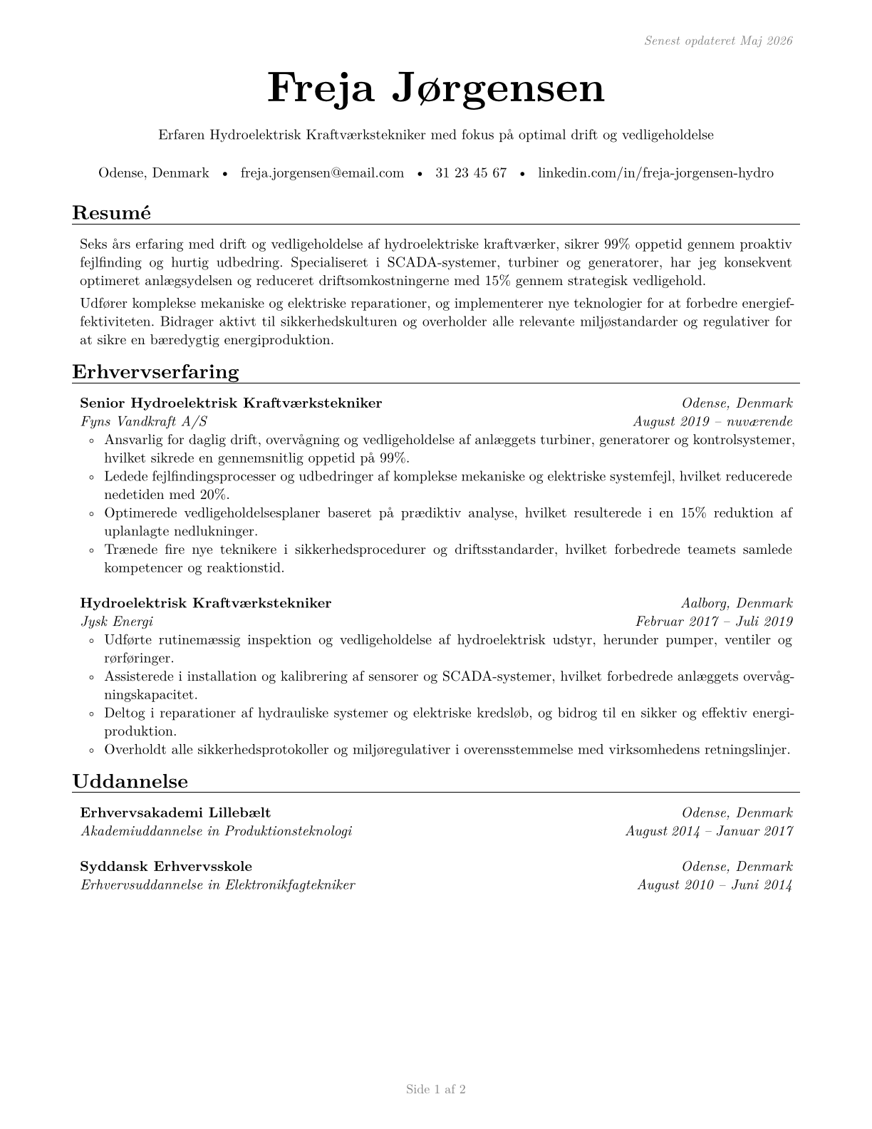 Hydroelectric Plant Technicians CV in Danish — page 1
