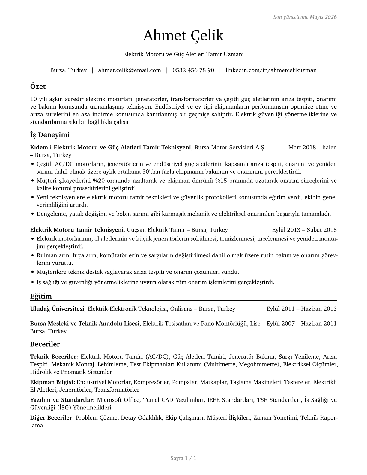 Electric Motor, Power Tool, and Related Repairers CV in Turkish — page 1
