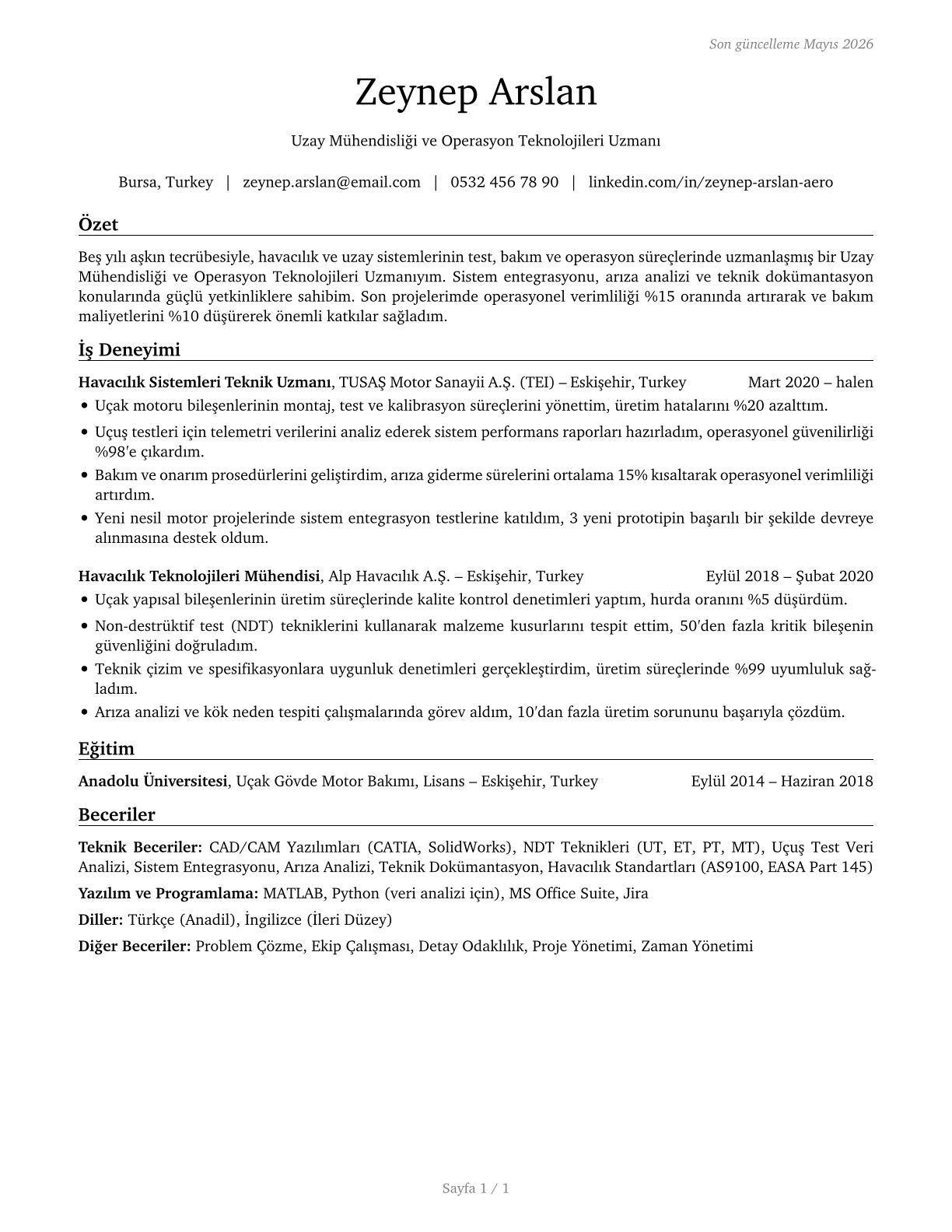 Aerospace Engineering and Operations Technologists and Technicians CV in Turkish — page 1