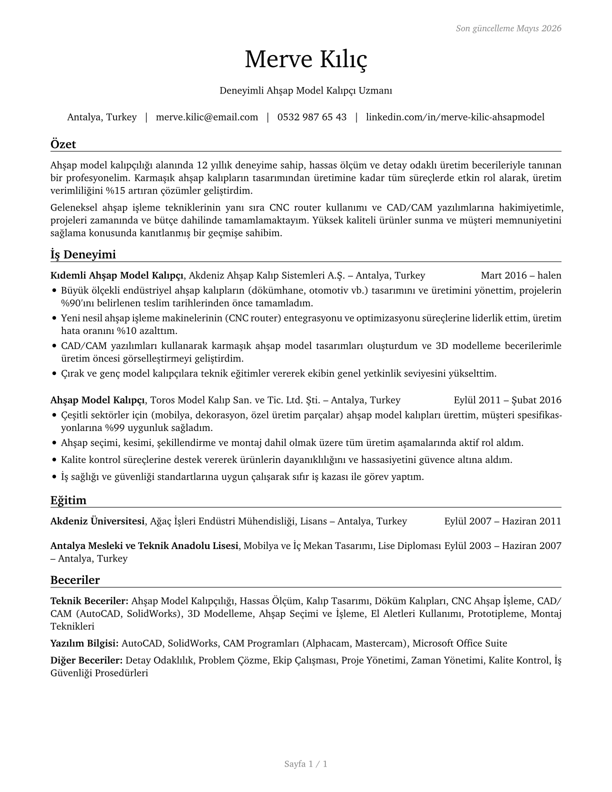 Patternmakers, Wood CV in Turkish — page 1