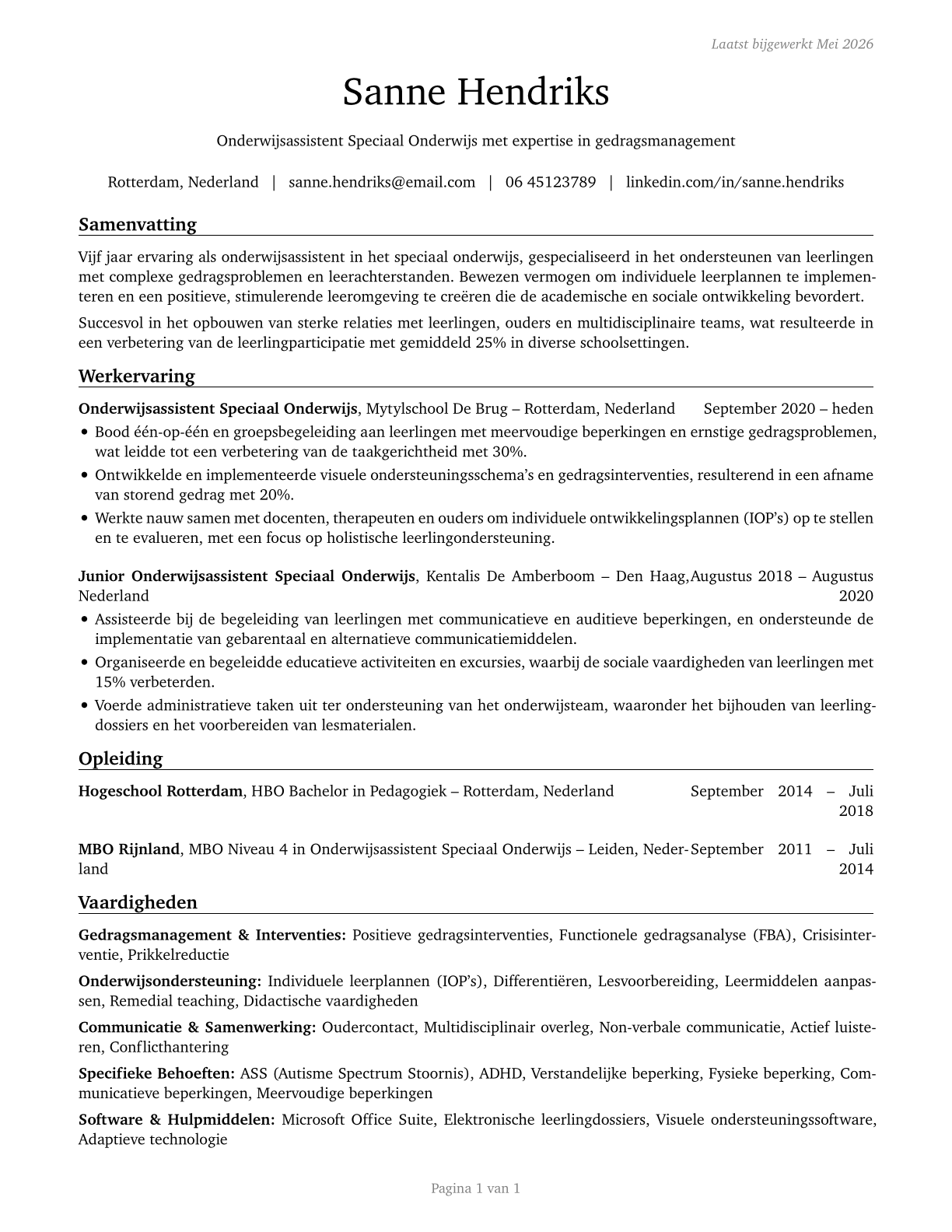 Teaching Assistants, Special Education CV in Dutch — page 1