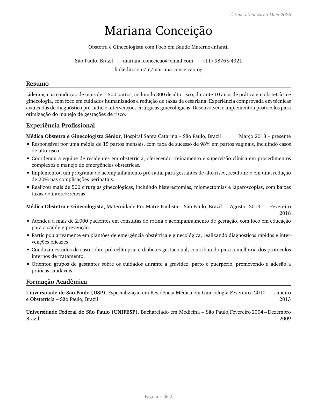 Obstetricians and Gynecologists CV in Portuguese — page 1