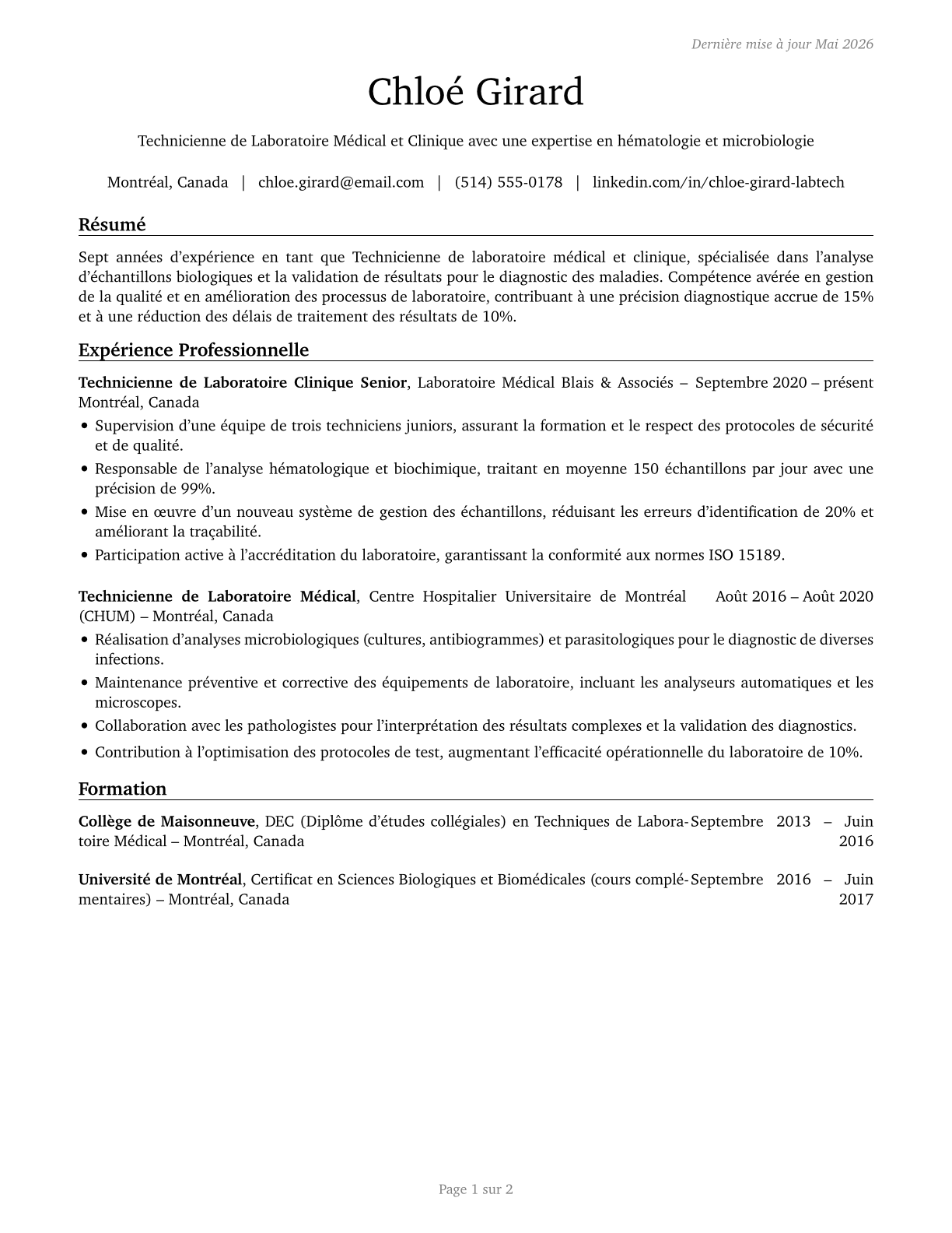 Medical and Clinical Laboratory Technologists CV in French — page 1