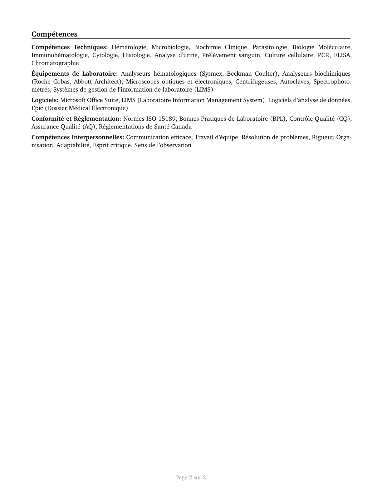 Medical and Clinical Laboratory Technologists CV in French — page 2