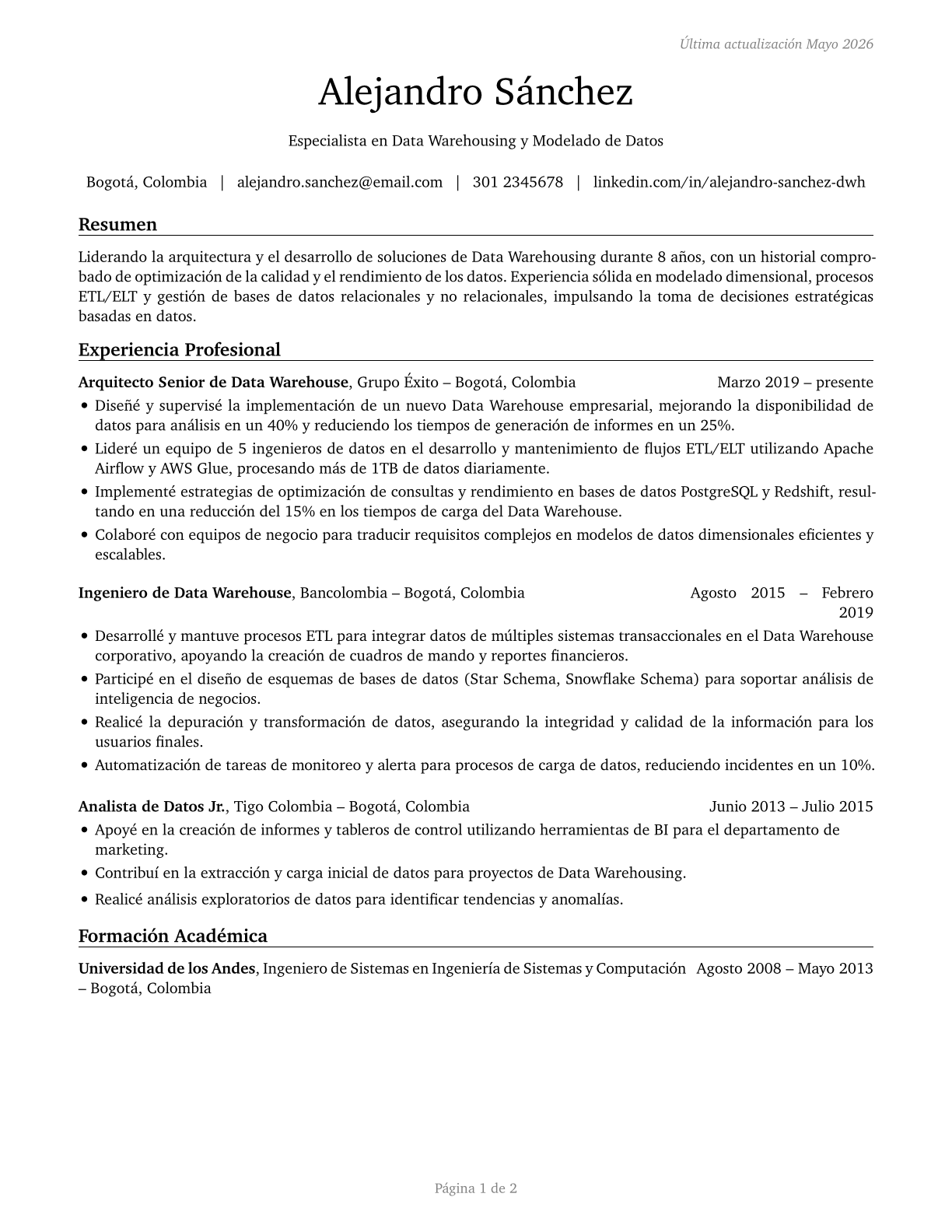 Data Warehousing Specialists CV in Spanish — page 1