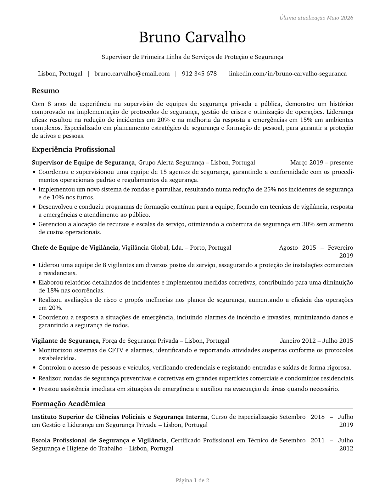First-Line Supervisors of Protective Service Workers, All Other CV in Portuguese — page 1