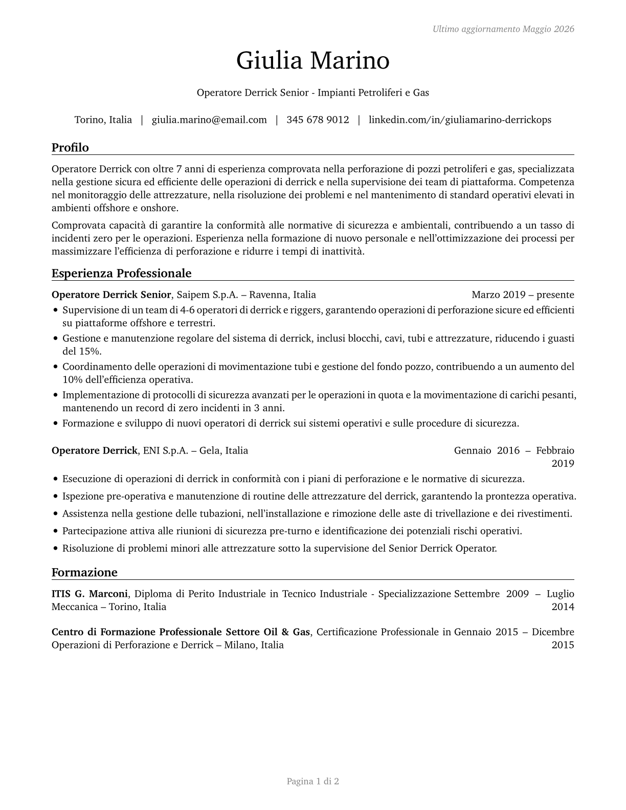 Derrick Operators, Oil and Gas CV in Italian — page 1