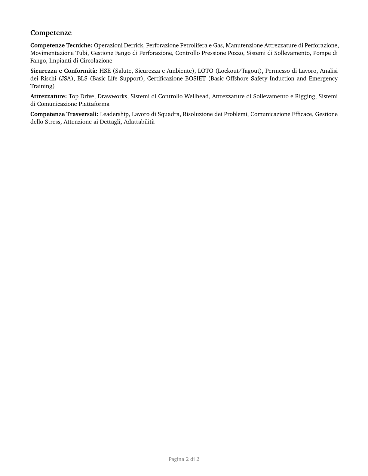 Derrick Operators, Oil and Gas CV in Italian — page 2
