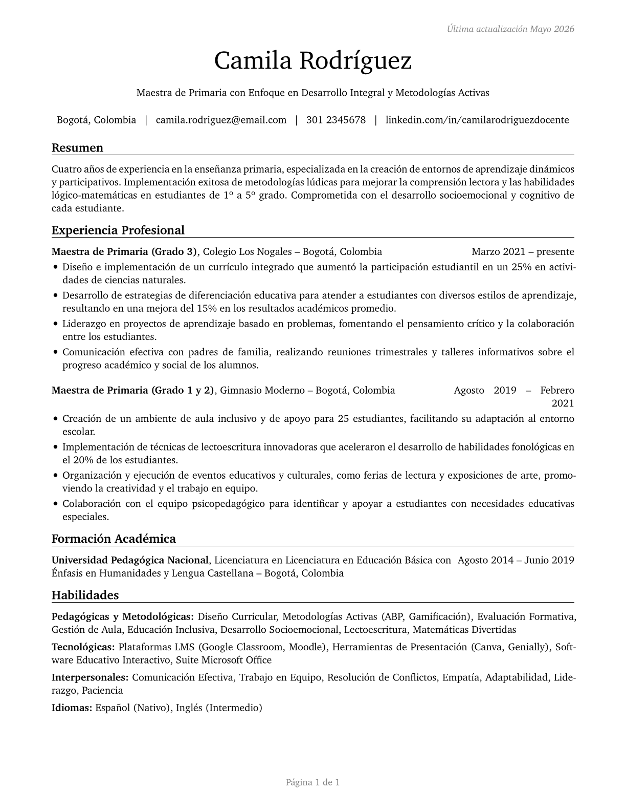 Elementary School Teachers, Except Special Education CV in Spanish — page 1