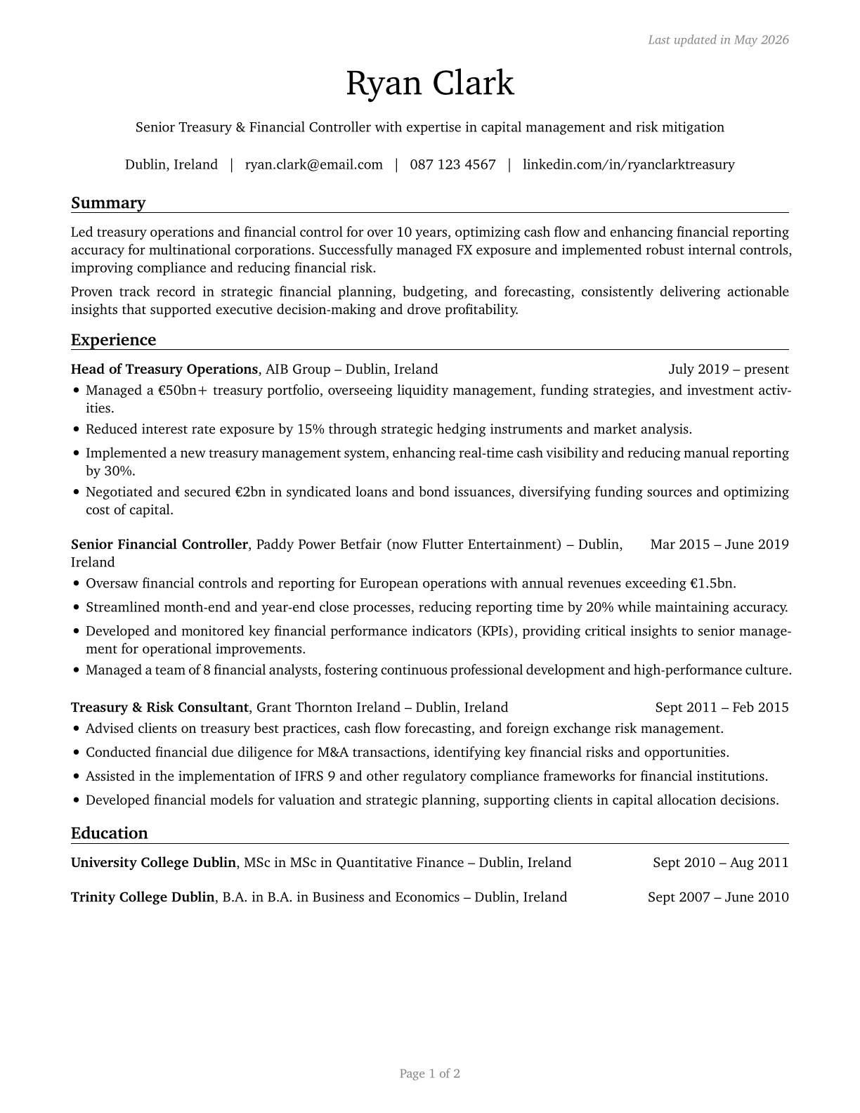 Treasurers and Controllers CV in English — page 1