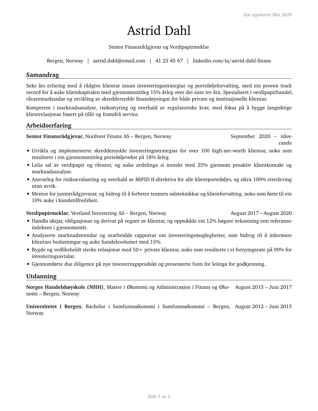 Securities, Commodities, and Financial Services Sales Agents CV in Norwegian_nynorsk — page 1