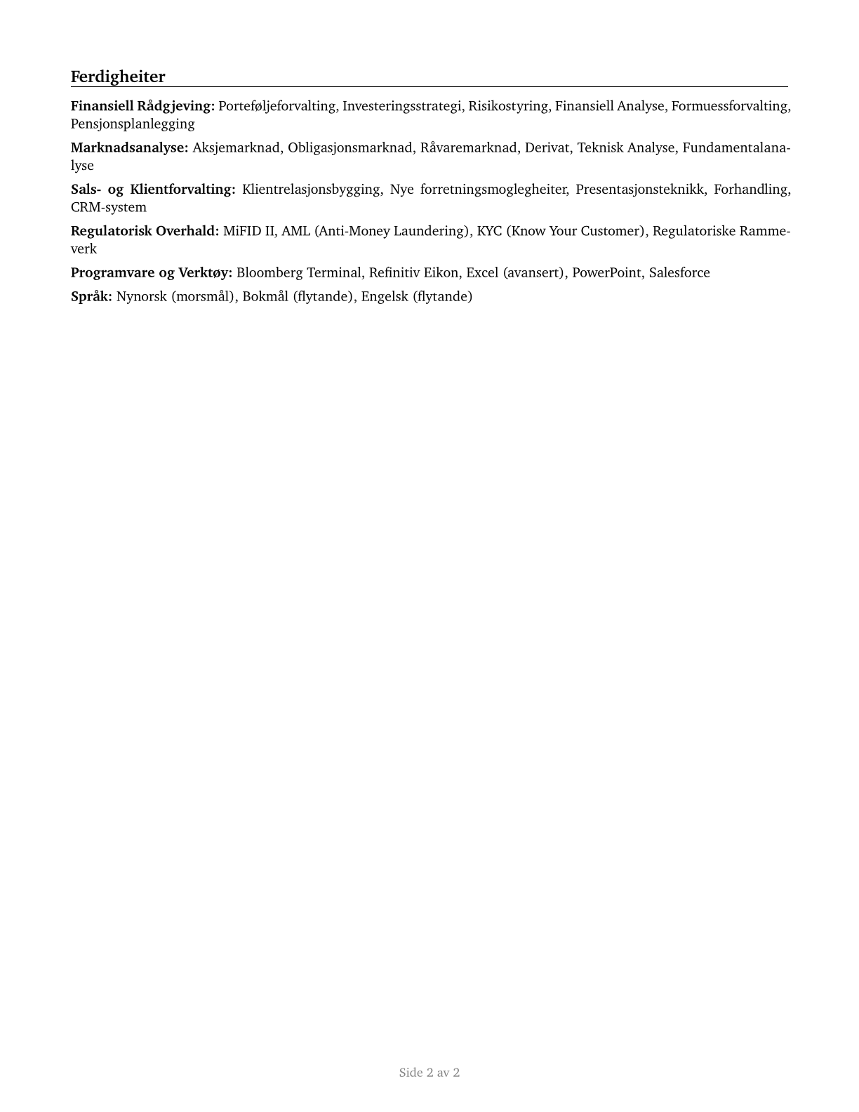 Securities, Commodities, and Financial Services Sales Agents CV in Norwegian_nynorsk — page 2