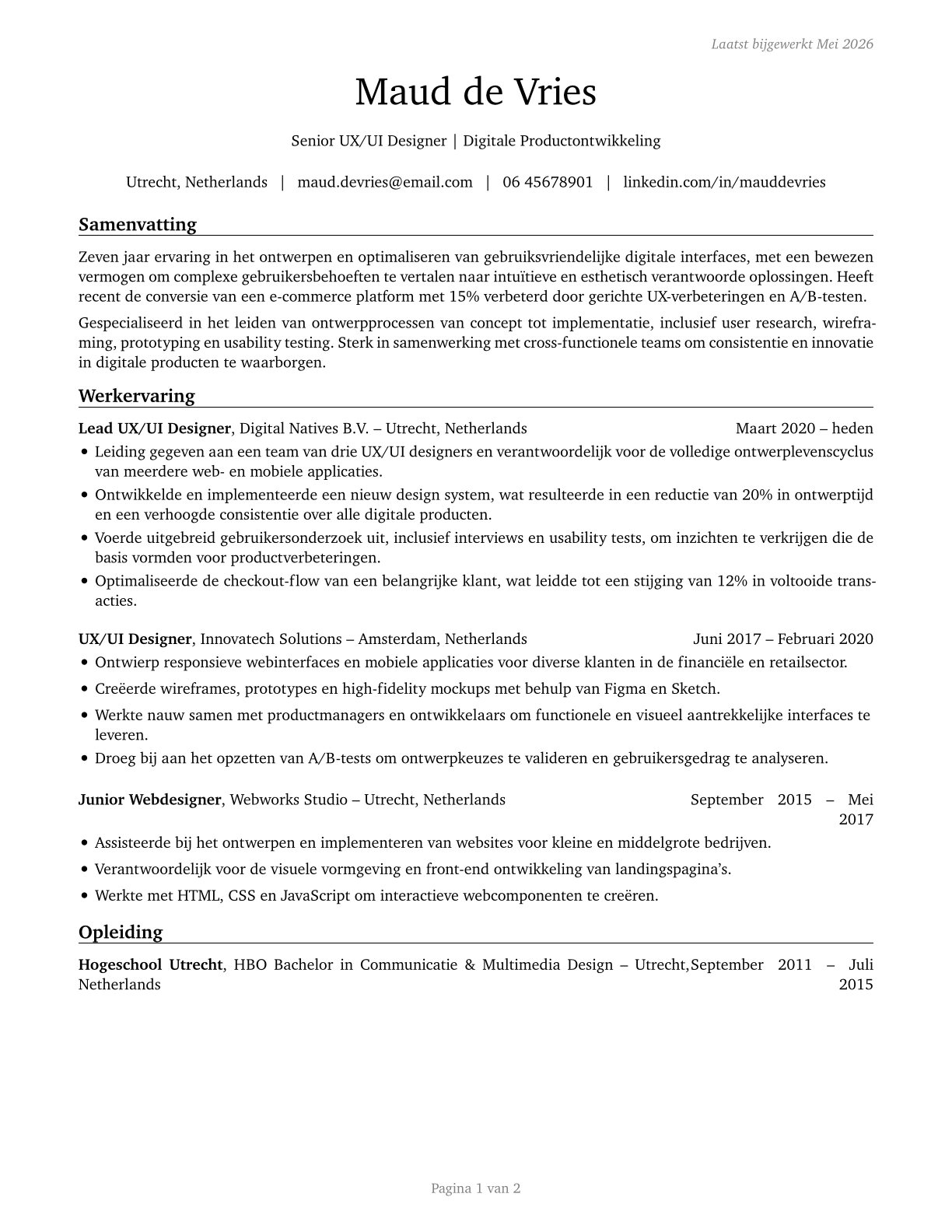 Web and Digital Interface Designers CV in Dutch — page 1