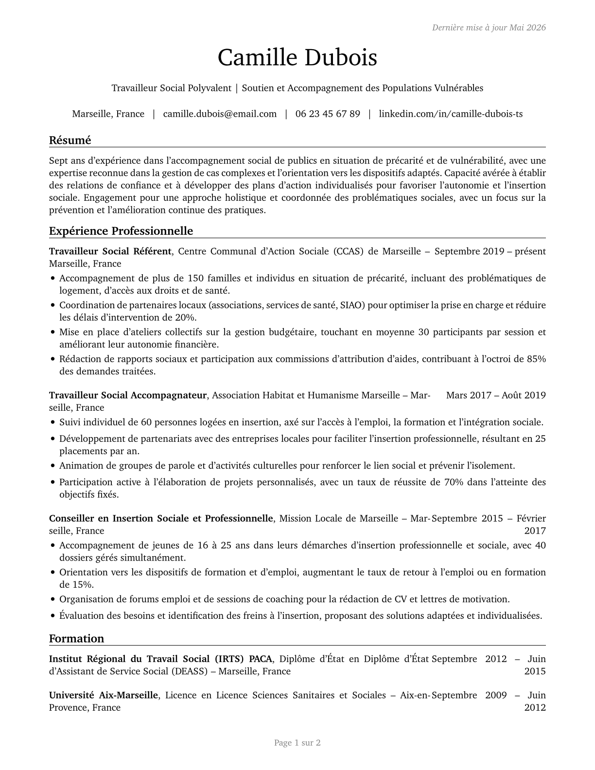 Social Workers, All Other CV in French — page 1