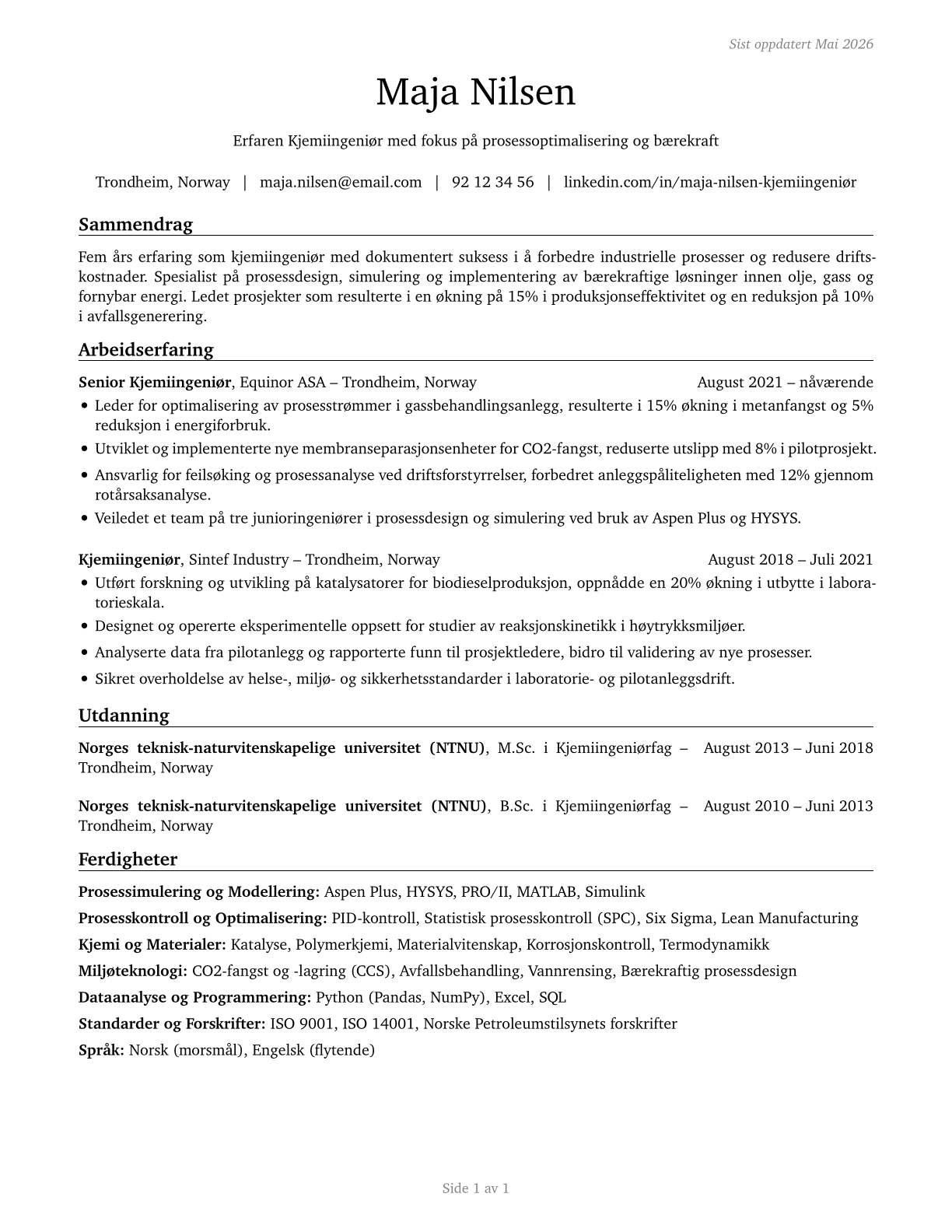 Chemical Engineers CV in Norwegian_bokmal — page 1