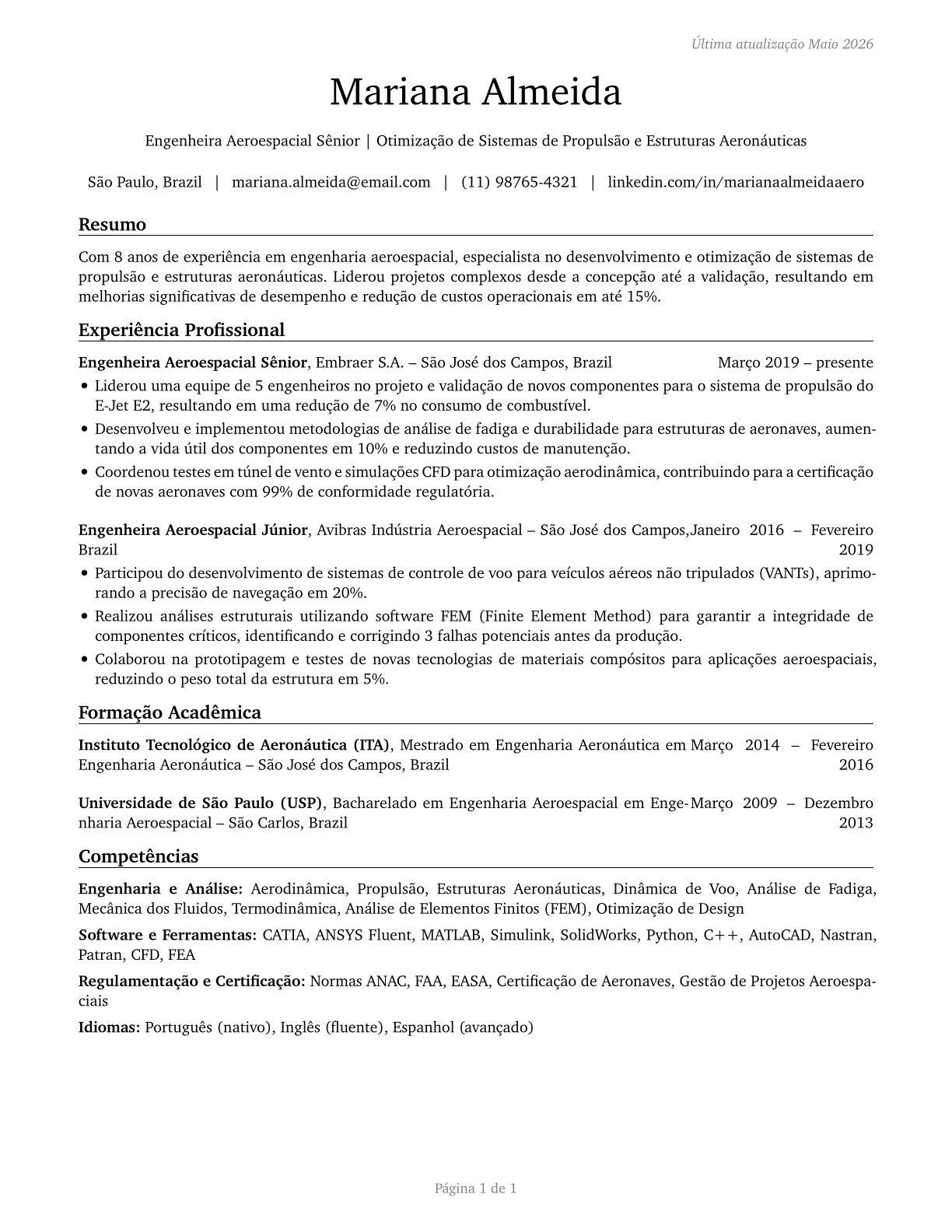 Aerospace Engineers CV in Portuguese — page 1