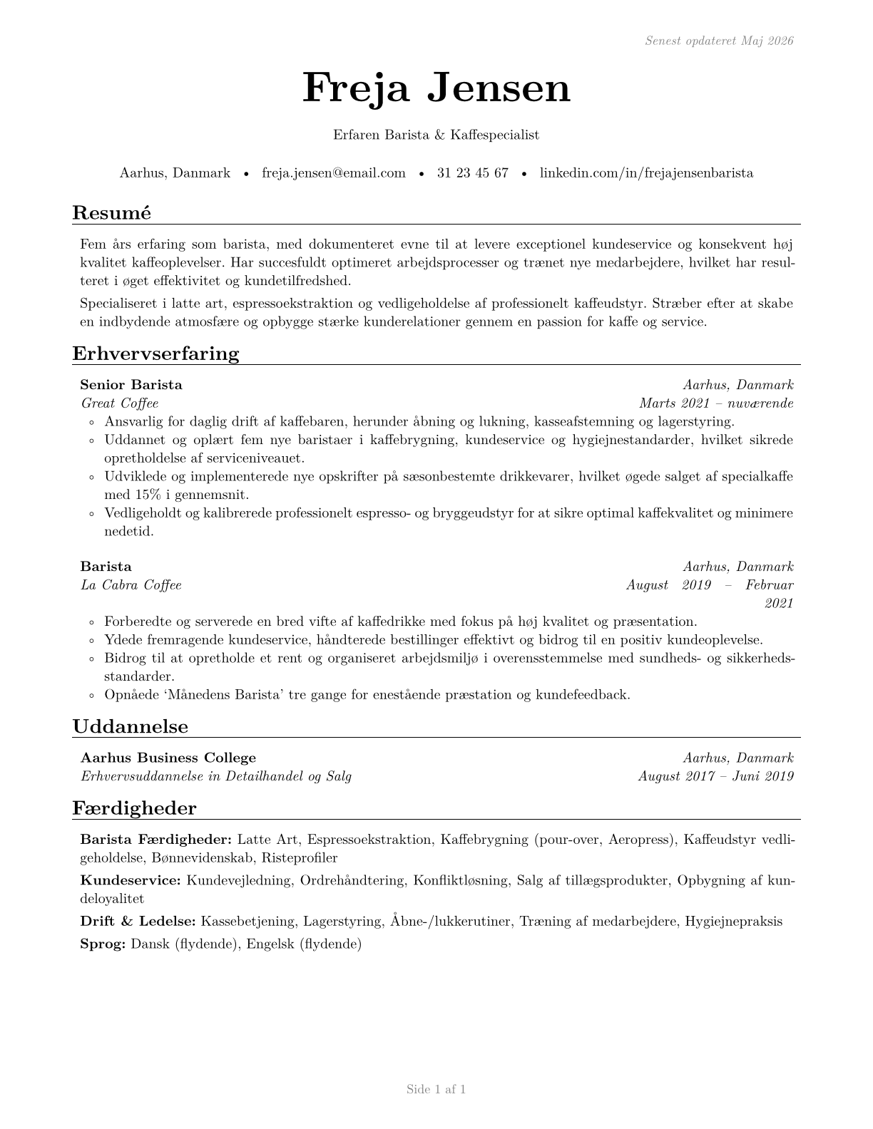 Baristas CV in Danish — page 1