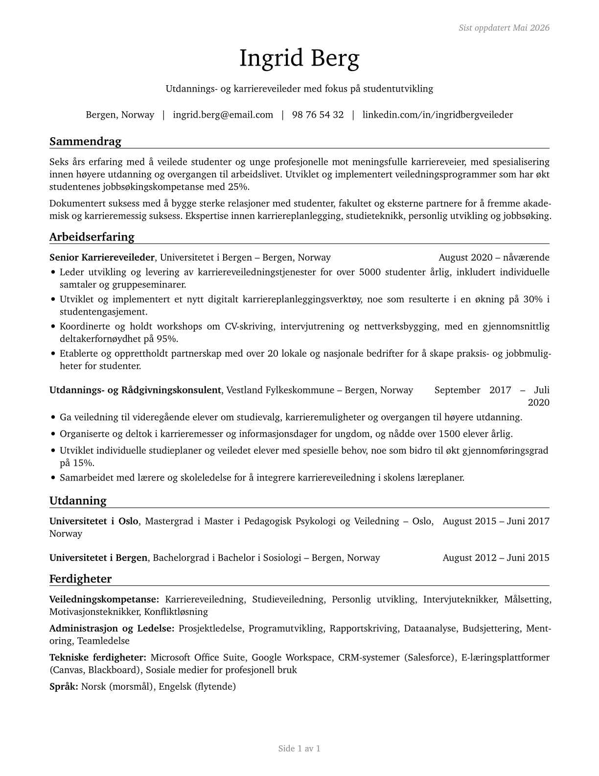 Educational, Guidance, and Career Counselors and Advisors CV in Norwegian_bokmal — page 1