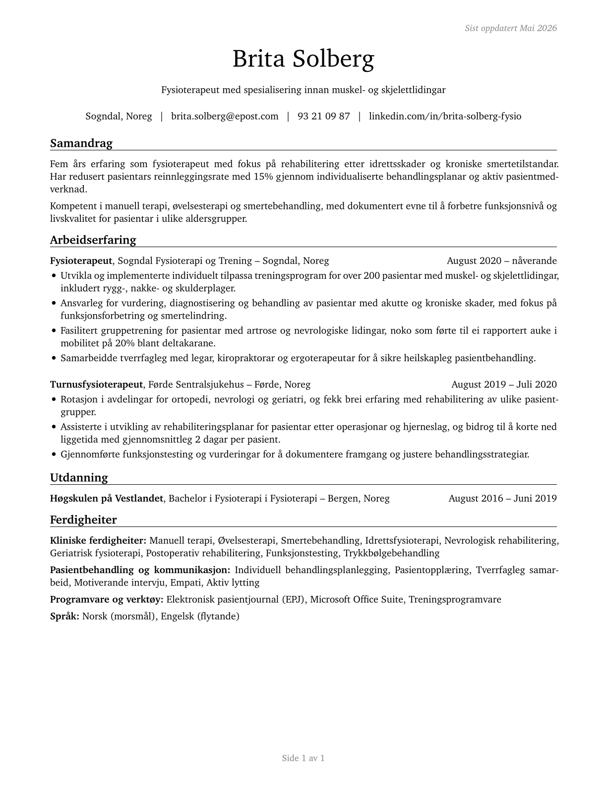 Physical Therapists CV in Norwegian_nynorsk — page 1