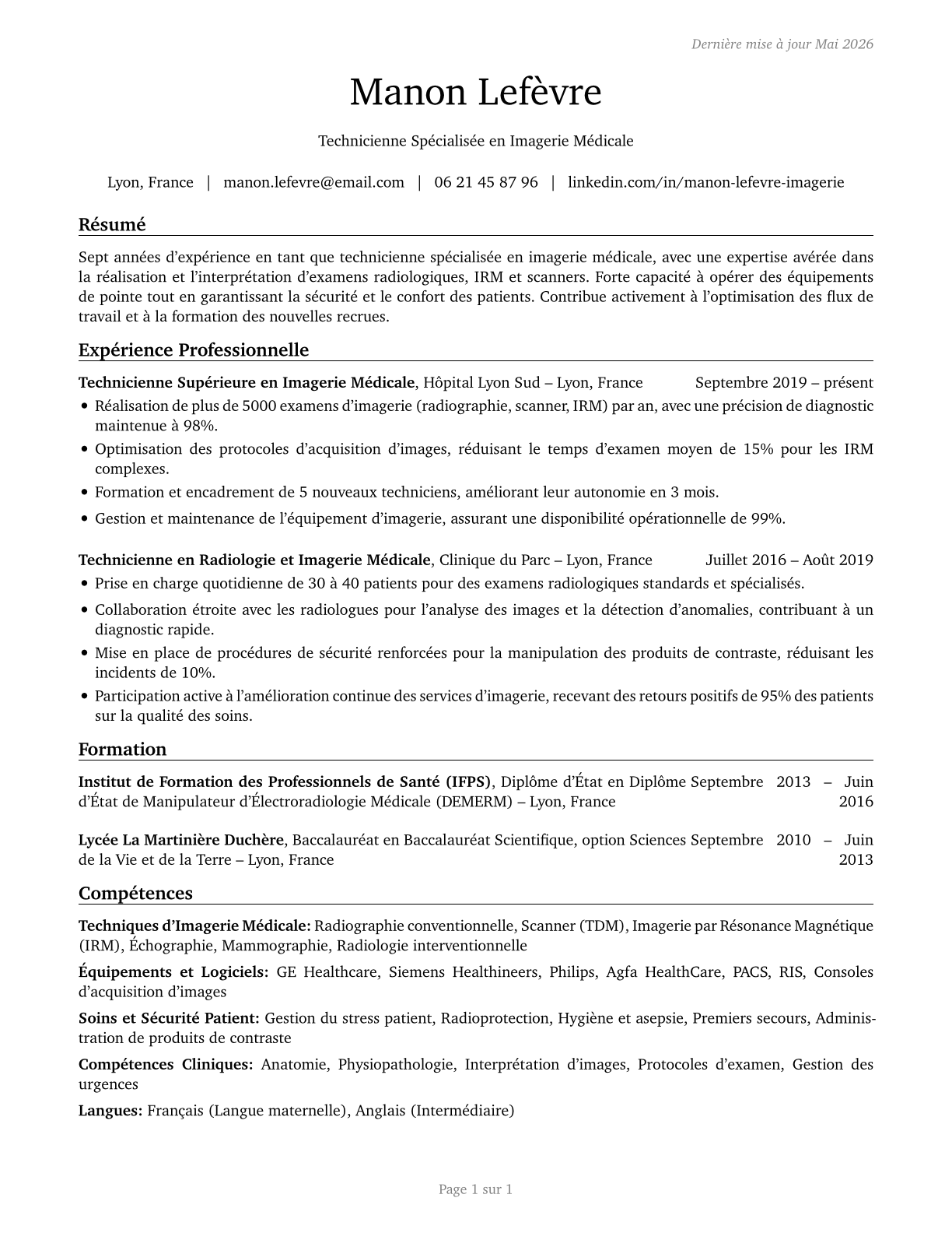 Healthcare Practitioners and Technical Workers, All Other CV in French — page 1
