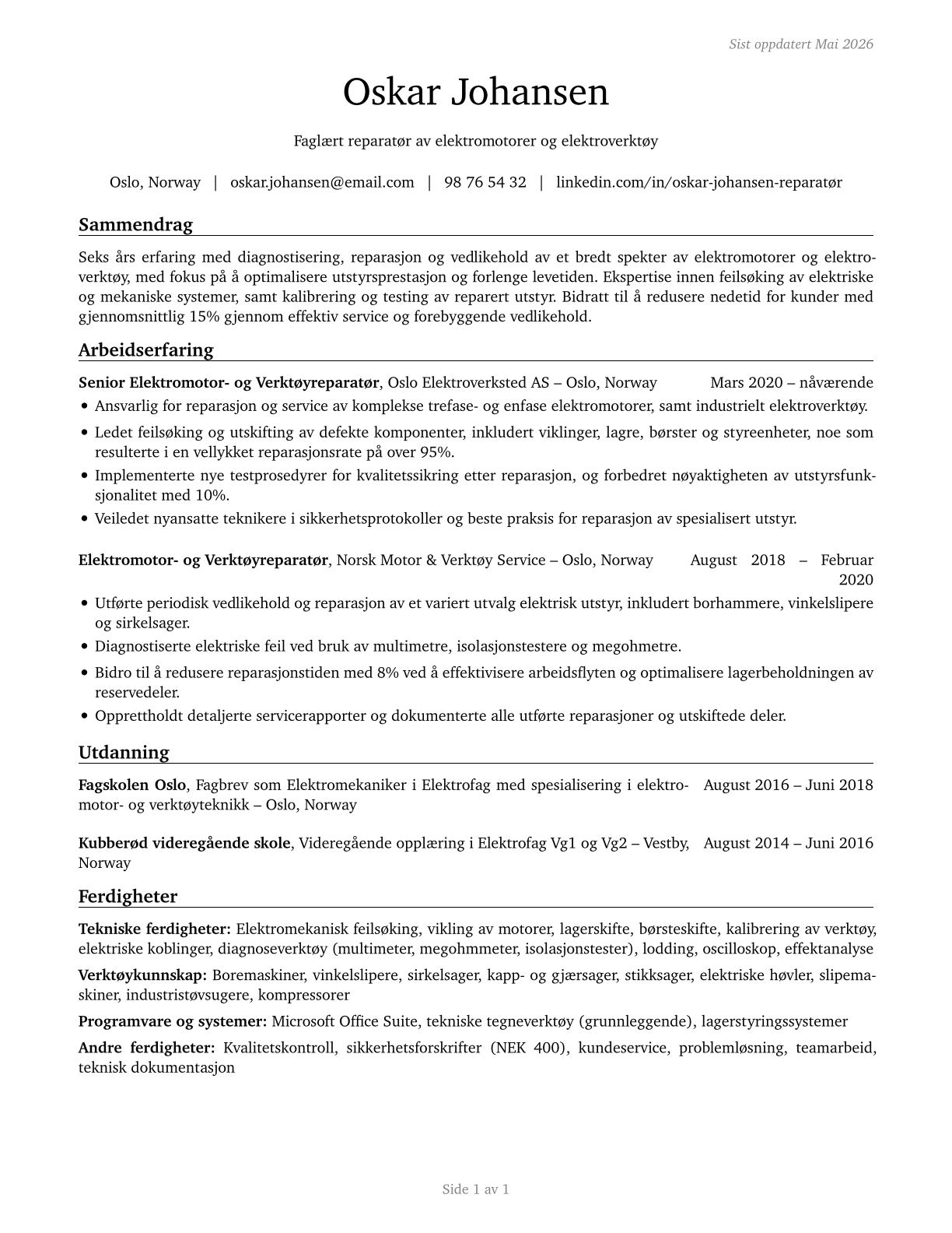 Electric Motor, Power Tool, and Related Repairers CV in Norwegian_bokmal — page 1