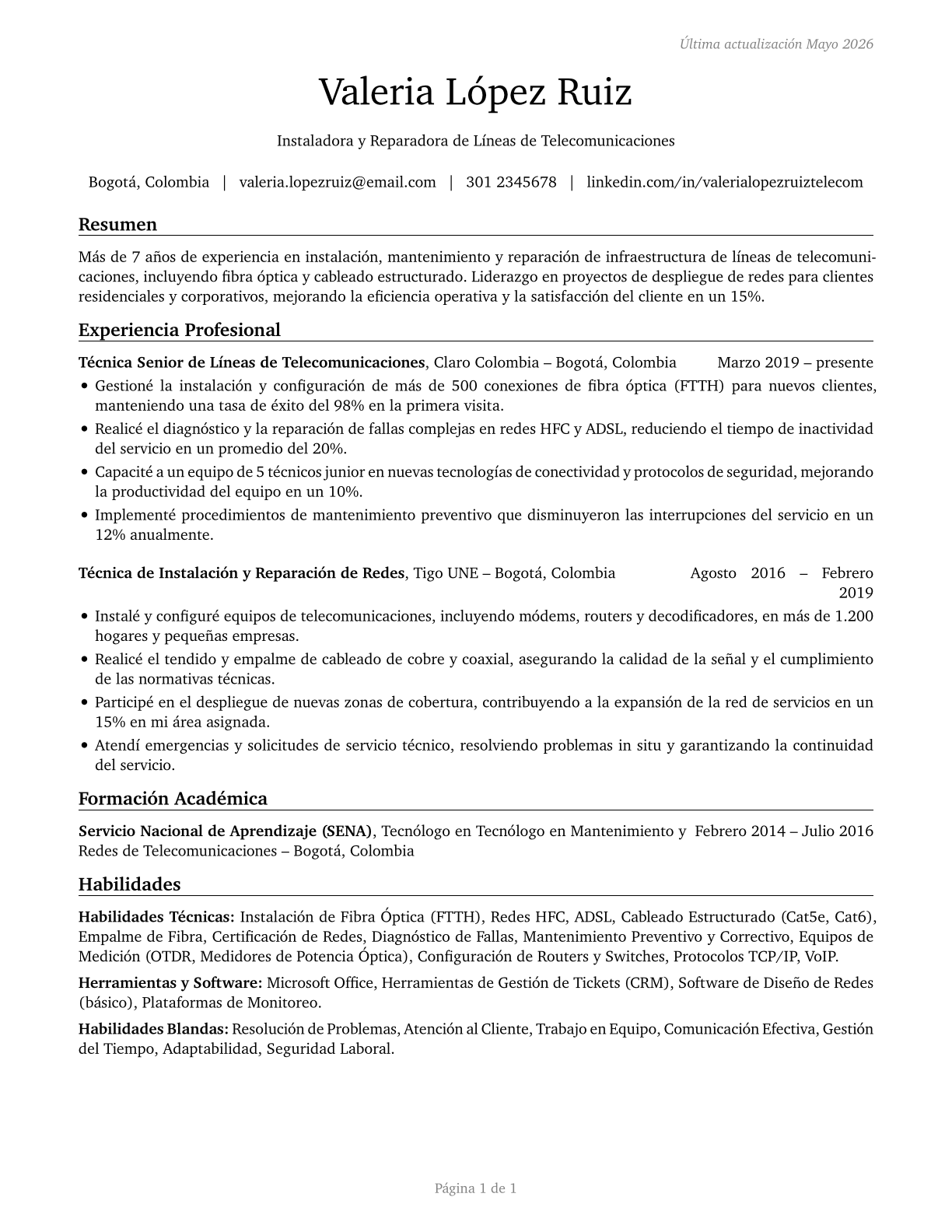 Telecommunications Line Installers and Repairers CV in Spanish — page 1