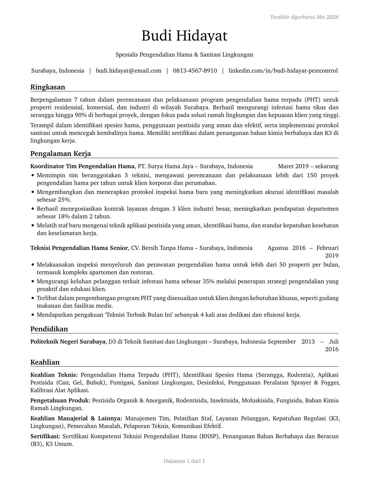 Pest Control Workers CV in Indonesian — page 1