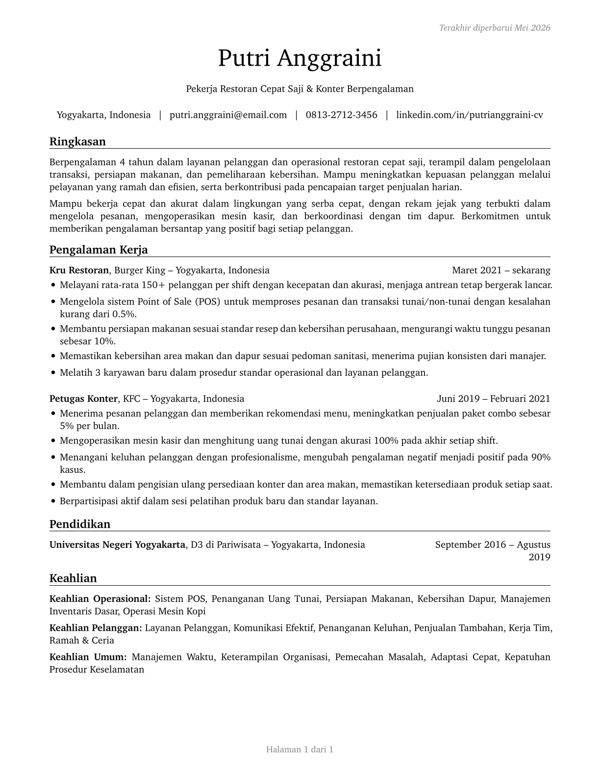 Fast Food and Counter Workers CV in Indonesian — page 1