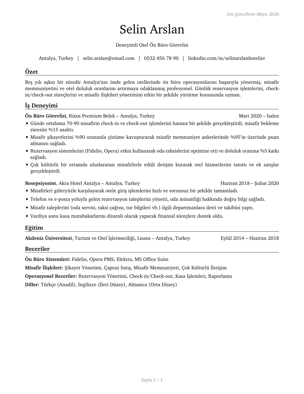 Hotel, Motel, and Resort Desk Clerks CV in Turkish — page 1
