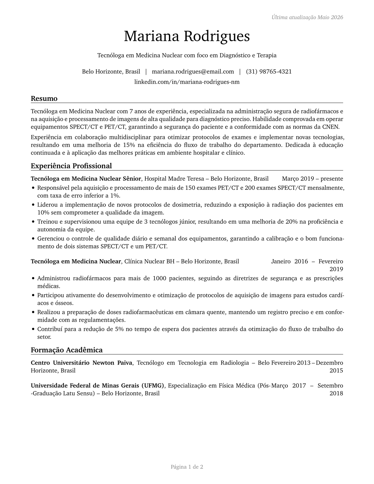 Nuclear Medicine Technologists CV in Portuguese — page 1