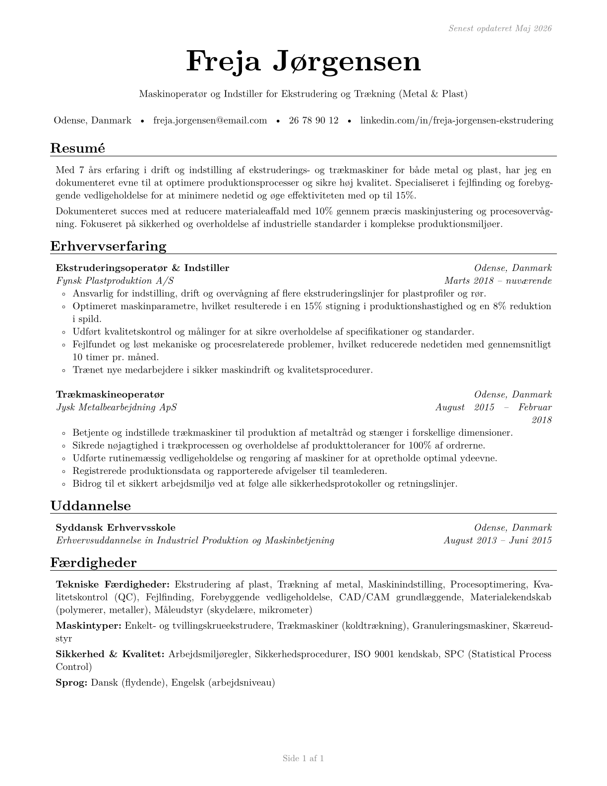 Extruding and Drawing Machine Setters, Operators, and Tenders, Metal and Plastic CV in Danish — page 1