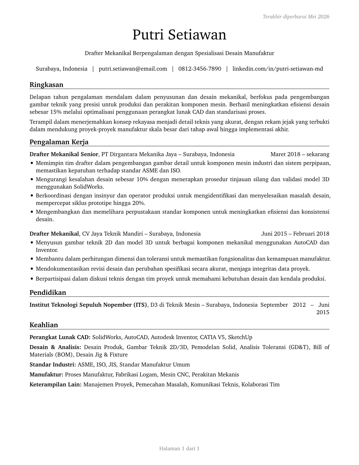 Mechanical Drafters CV in Indonesian — page 1